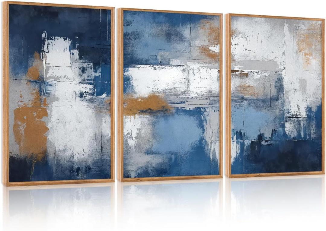 HOURIA 3Pcs Large Abstract Navy Blue Framed Canvas Wall Art Set(16"x24"),Minimalist Modern Blue Grey White Wall Decor,Neutral Blue Toned Color Block Shapse Art Print for Living Room Bedroom Office