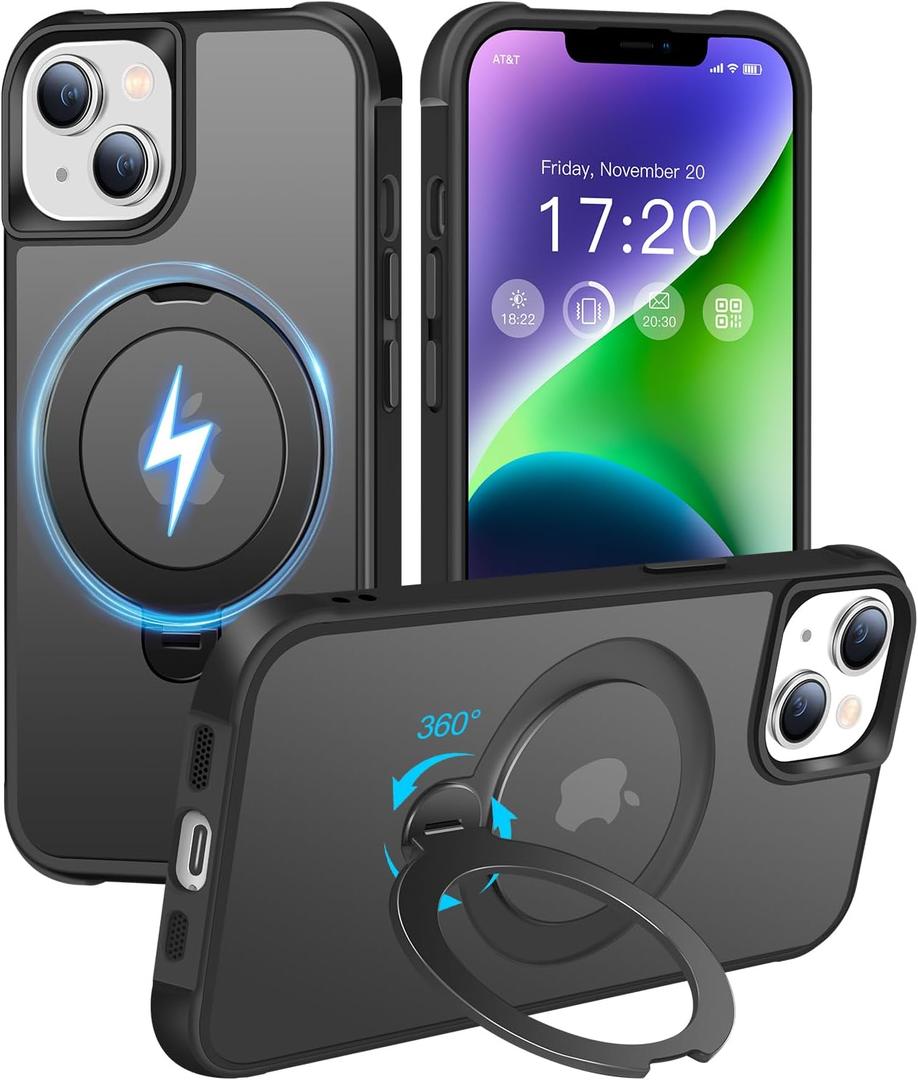 HuwaiH 360 Rotatable Magnetic Ring Stand for iPhone 14 Plus Case, Compatible with MagSafe, Military-Grade Shockproof, Anti-Scratch Matte Translucent Phone Case for iPhone 14 Plus(Black)