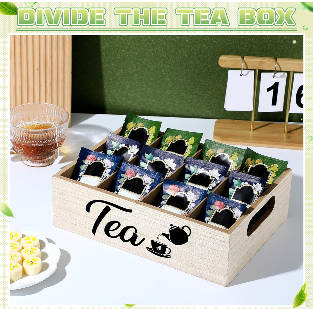 Bamboo Tea Bag Organizer with 12 Compartments Reusable Wooden Tea Box Holder Drawer with Handles Divided Storage Organizer for Coffee Station, Sugar Packets, Sweeteners, Small Packets
