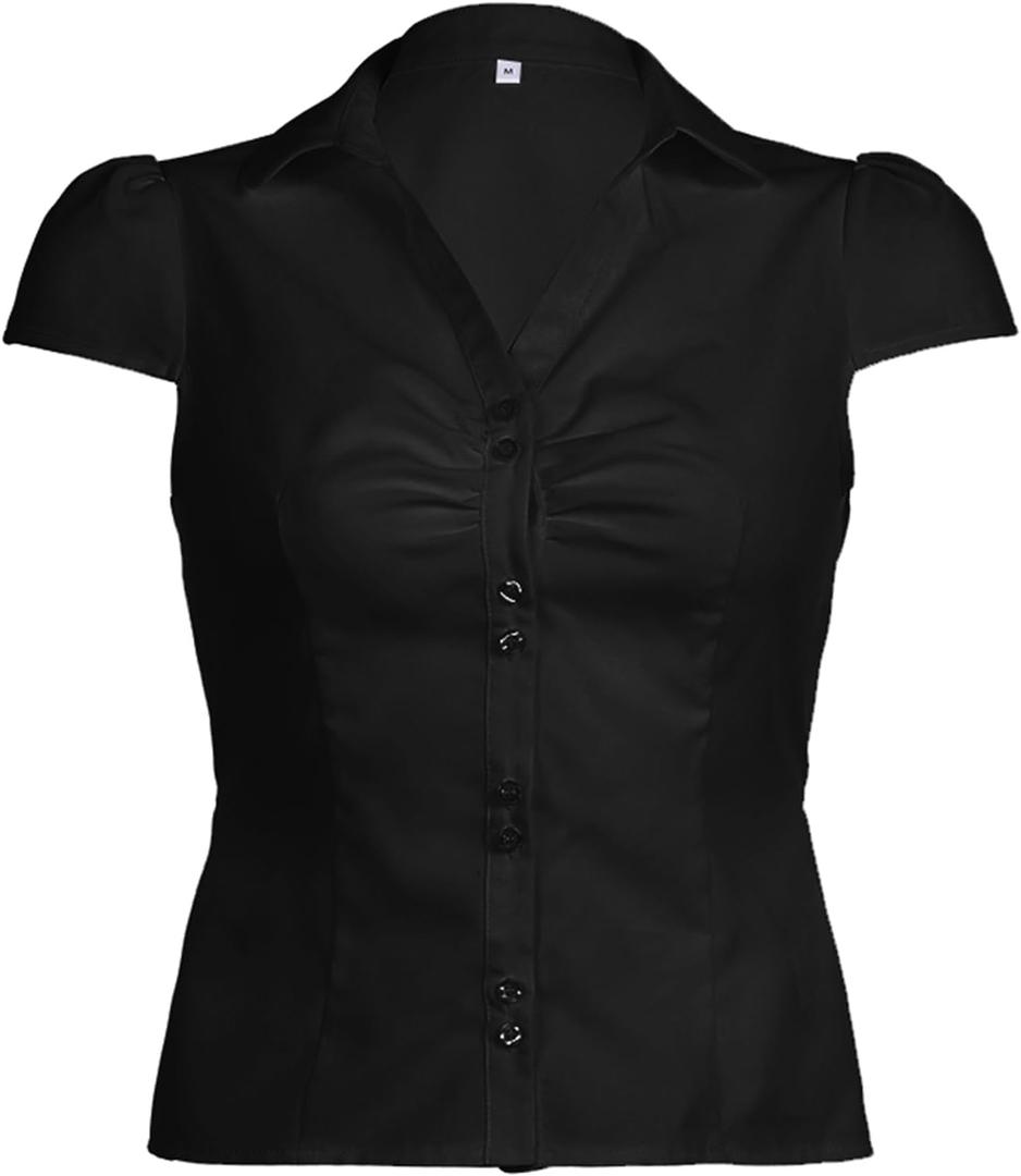 Women's Button Up Shirt Slim Fitted Cap Sleeve V Neck Top Y2k Coquette Button Down Shirt (Black, S)