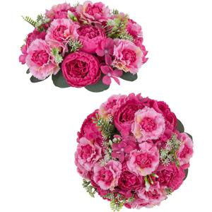 BLOSMON Peony Artificial Flowers Ball: 2pc 9.5 Inch Hot Pink Floral Arrangement for Centerpieces - Easy to Use Wedding Dinning Table Decoration - Fake Silk Peony Kissing Ball Home Party Decor