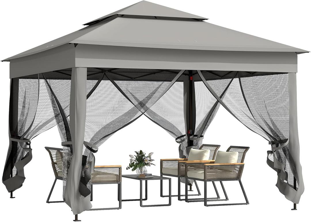 Outsunny 11' x 11' Pop Up Canopy, Outdoor Patio Gazebo Shelter with Removable Zipper Netting, Instant Event Tent w/ 114 Square Feet of Shade and Carry Bag for Backyard, Garden, Dark Gray