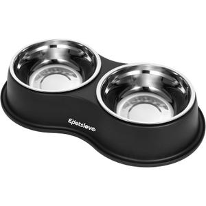 Epetslove Dog Bowls Double Dog Water and Food Bowl Stainless Steel Bowl with Non-Slip Resin Station, Pet Feeder Bowls for Puppy Medium Dogs Cats (1.Black)