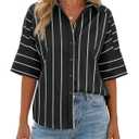 Cicy Bell Women Striped Button Down Shirt Short Sleeve Collared Blouse Tops (Black)