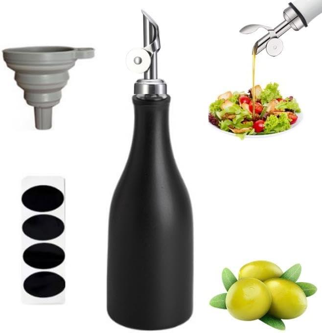 Ceramic Olive Oil Bottle Dispenser,10 Oz Large Capacity Oil and Vinegar Dispensing Bottle White Opaque Cruet with Stainless Steel Spout Kitchen Container for Coffee Syrups (Black)