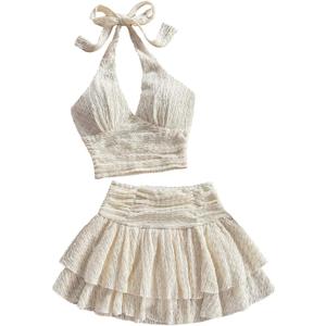 MakeMeChic Women's Summer 2 Piece Sets Halter Tops Ruffle Mini Skirt Set Tiered Layered Skort (Beige) Small