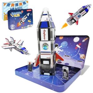 42PCS Mini Magnetic Tiles Space Rocket Travel Set with Iron Box STEM Educational Building Blocks Magnetic Construction Toy for Kids Ages 3 to 8 Creative Gift for Boys and Girls