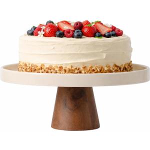 Gibson Elite 10.7-Inch Stoneware Cake Stand with Acacia Wood Base – Taupe Round Dessert Display Stand for Cakes, Cupcakes & Party Entertaining