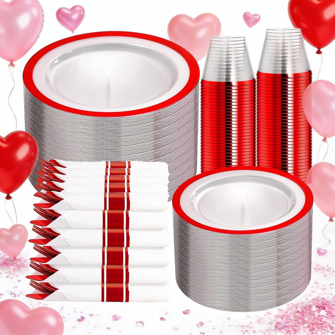 I00000 350 Pcs Red Dinnerware Set for 50 Guests | 50 Dinner and 50 Dessert Plates,50 Cups, 50 Napkins, 50 Forks, 50 Spoons, 50 Knives for Wedding & Valentine's Day