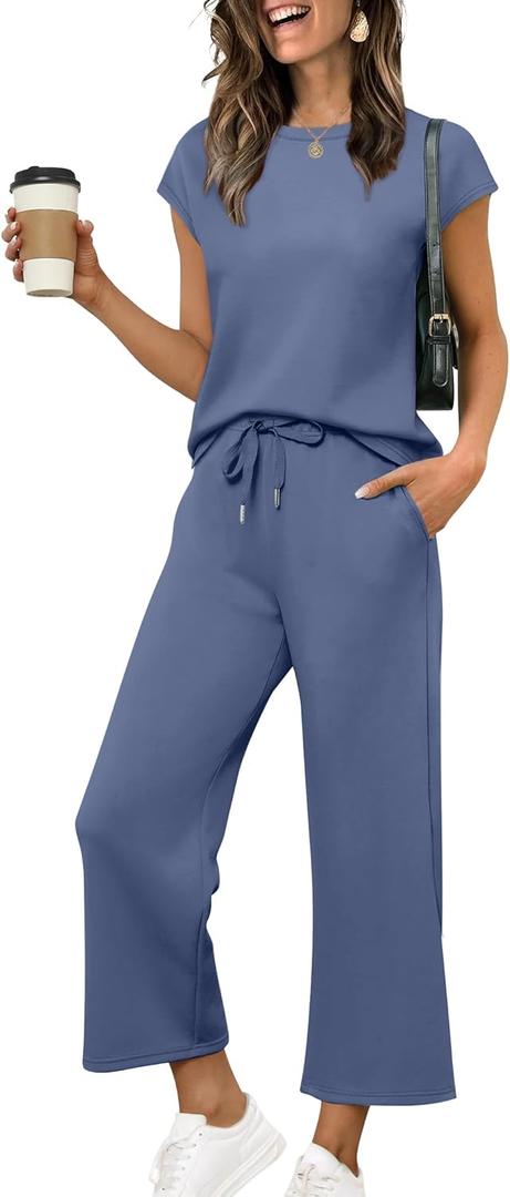 SAMPEEL Two Piece Sets for Women Summer Vacation Outfits Cap Sleeve Tops Lounge Matching Sets Clothing Beach Fashion Clothes (Small, Blue) SAMPEEL Two Piece Sets for Women Summer Vacation Outfits Cap Sleeve Tops Lounge Matching Sets Clothing Beach Fashion Clothes (Small, Blue)