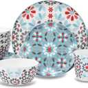 Lorren Home Trends Bone China 16-Piece Dinnerware Set, Floral Pattern with Blue and Red, Microwave and Dishwasher Safe, Service for 4