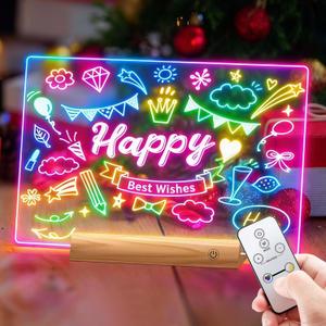 Rechargeable LED Note Board 11.8"7.9",2 Modes & 7 Colors Acrylic Light Up Lumiboard LED Drawing Board with Remote Control,Stand,Office/Caf/Kitchen Use,Valentine/Christmas/Birthday Gift(Wood Grain)