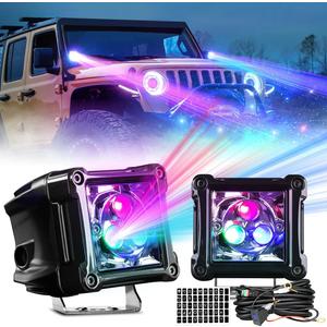 2 Park 3 Inch LED Light Pods with RGB Halo, Star Projector Galaxy Lighting, Offroad Multi-Color Chasing Strobe Light Bar with Rocker Switch Wiring for Truck, Cars, Outdoor, Christmas, Garden, Party