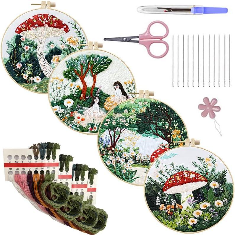 SEAYOXIN Beginner Embroidery Kit Adults, 4 Set Mushroom Garden DIY Craft Starter Kit with Hoops Tools Needle Threads, Hand Embroidery Set for Gift and Home Decor DIY Starter Kit Needlepoint Kit