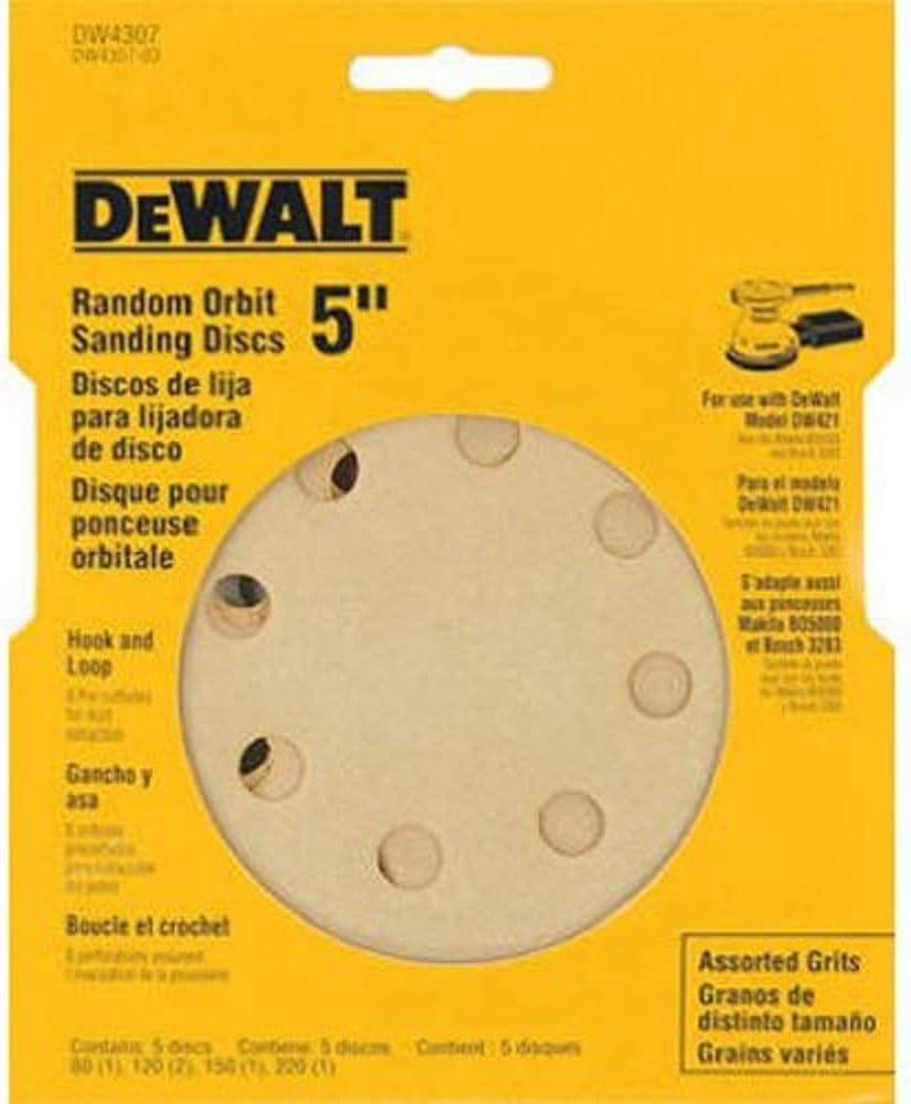DEWALT DW4307 5-Inch 8 Hole Assortment Hook and Loop Random Orbit Sandpaper (5-Pack)