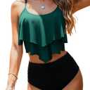 Womens Tankini Swimsuits Ruffled Tank Top Tummy Control Floral Modest Swimwear High Waisted Bikini (Large, Blackish Green)