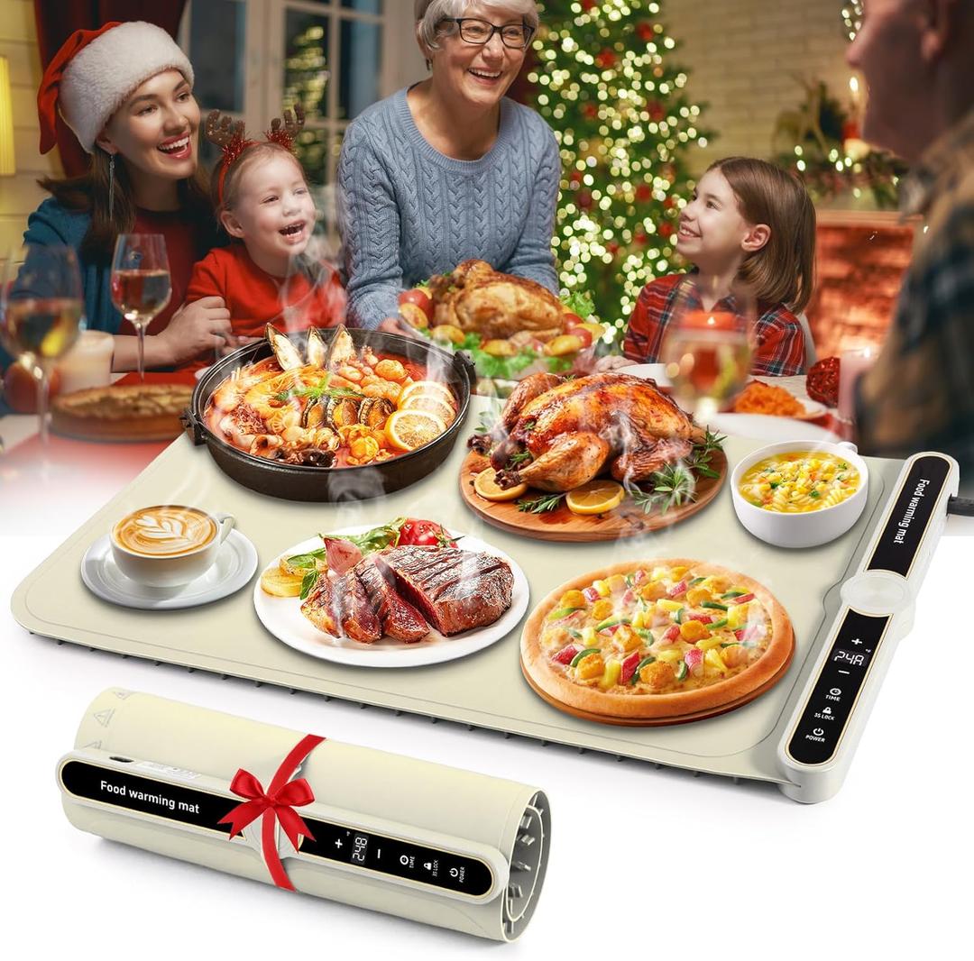 Yoobao Warming Mat for Food - Roll Up Silicone Food Warming Mat, 9-Temp Modes(104-248), 1-6H Timer Auto Shut-Off, Full Surface Rapid Heating Electric Warming Trays for Buffets Party Home (Cream)