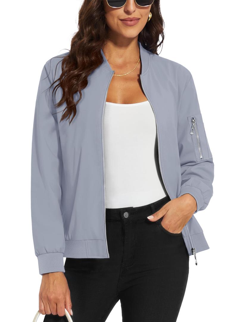 MAGCOMSEN Bomber Jackets for Women Zip up Coats with 5 Pockets Lightweight Jacket Spring Windbreaker Fashion Jacket Casual Outerwear (Gray)