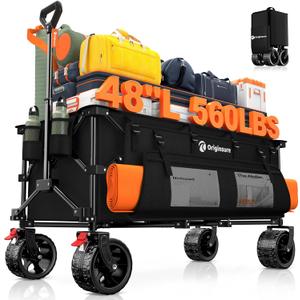 48" L Collapsible Wagon Cart Foldable, 560lbs Weight Capacity 300L Heavy Duty Folding Beach Wagons with Big All-Terrain Wheels, Utility Carts for Groceries, Shopping, Camping, Sports - Black