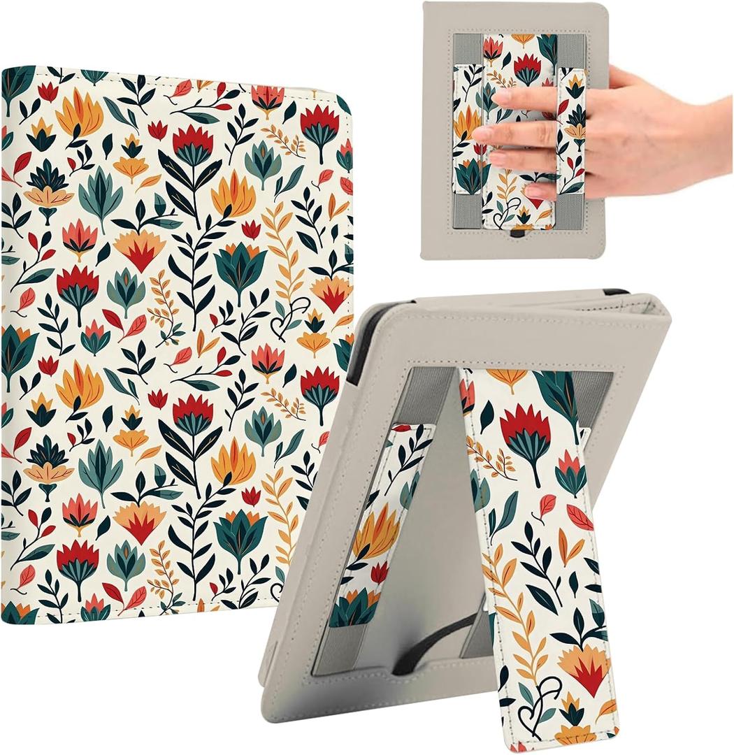 ForeverSong Magnetic Case for Kindle Paperwhite (6.8"/7") - Auto Wake/Sleep Cover with Dual Hand Strap, Card Pocket and Stand Feature, Compatible with Kindle Colorsoft 2024.Flower-01