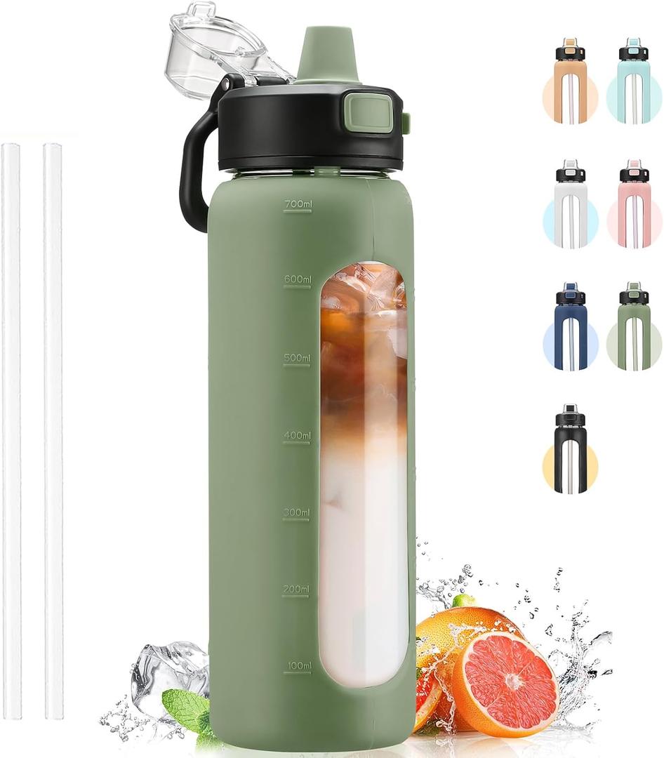 Kodrine Water Bottle With Straw and Carry Handle, Glass Water Bottle 24 oz Leak Proof Locking Lid with Soft Silicone Spout, Reusable Drinking Cups for Travel Sports with Time Marker,Olive