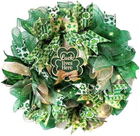 Presentastic 18 Inch St. Patrick's Day Decorations Wreath, Handcrafted Shamrock Wreath for Front Door with Light, Clover Artificial Design, Lucky Irish Porch Decor, Wall, Entry, Party Holiday Display