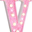 Pooqla LED Marquee Letter Lights, Pink Glitter Light Up Letters Alphabet Sign Battery Powered Night Light, Birthday Party Wedding Girls Gifts, Christmas Room Dorm Bedroom Decoration, Pink Letter V