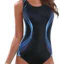 American Trends Athletic One Piece Swimsuit Women Modest Bathing Suit Chlorine Resistant Water Aerobics Swimwear Full Coverage Swim Suit Blue&Green, 12-14