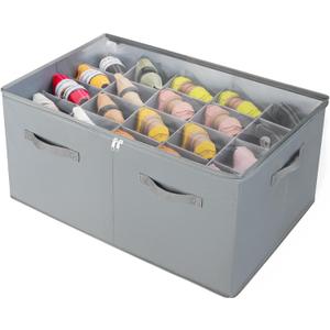 Shoe Organizer for Closet, Foldable Shoe Box with Adjustable Dividers and Clear Cover, Space Saving Shoe Storage Organizer Cabinet with Reinforced Handles, Fits 20 Pairs, Gray, TP10G (Extra Large(26.5''L x 16.54''W x 13'H))