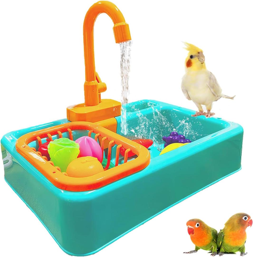 PINVNBY Parrot Bath Tub Bird Automatic Bathtub with Faucet Multifunctional Parakeet Shower Box Bird Bathroom Toys for Small Medium Birds (blue)