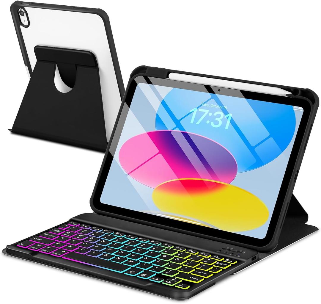 Case with Keyboard for iPad A16 11th 10th Generation 11/10.9 inch,Rainbow Backlit Detachable Keypad Rotatable Magnetic Cover with Pencil Holder for iPad 11 2025 10 Gen 2022 Black