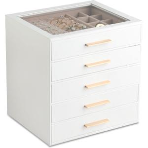 Frebeauty Clear Lid Jewelry Box,5-Layer Jewelry Organizer with Drawer,PU Leather Jewelry Organizers and Storage,Jewelry Boxes for Women,Jewelry Storage for Rings Earring Stud,Gift for Women(White)