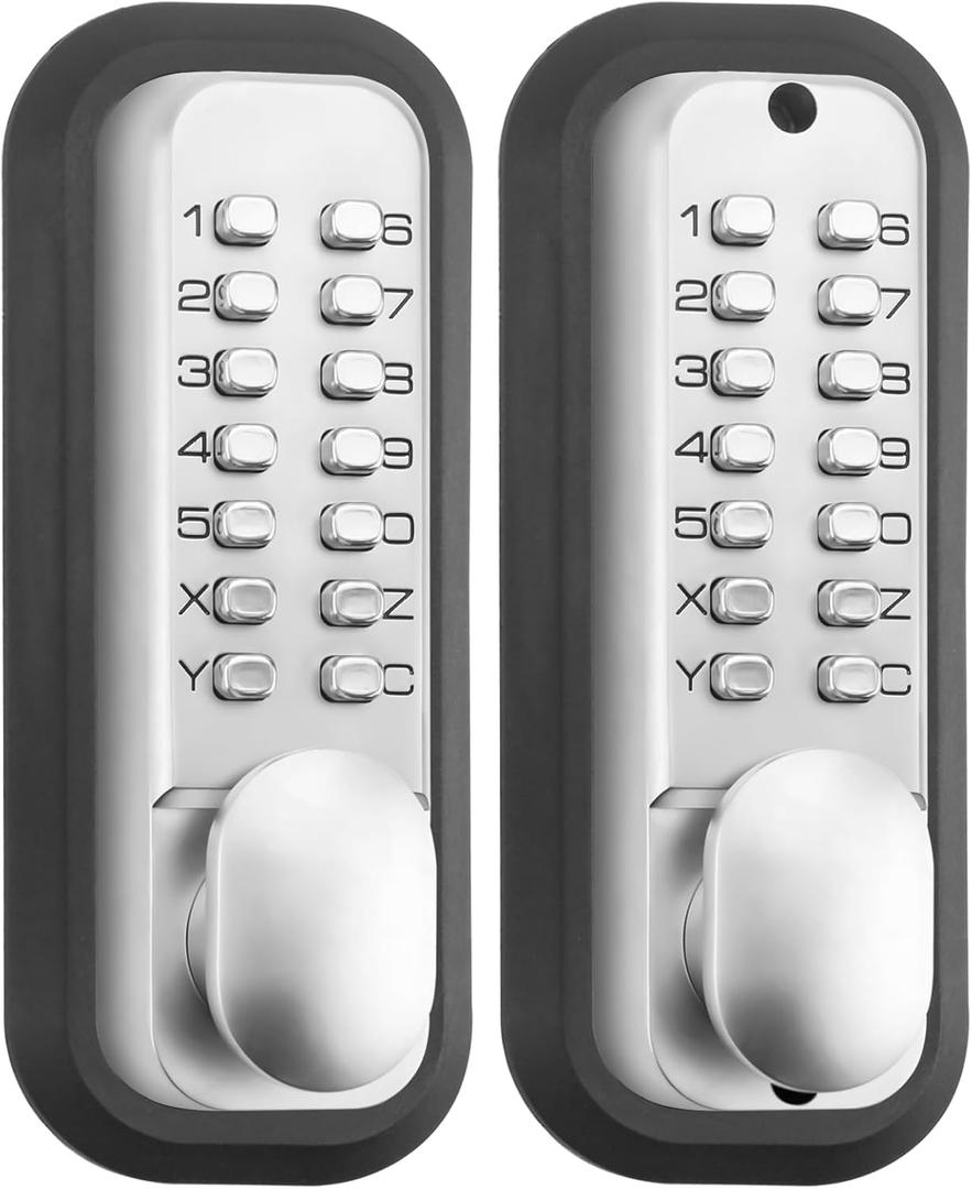 Pure Mechanical Keyless Entry Keypad Door Knob Lock,Double-Sided Combination & Handle for Front Gate,Auto Locking,Interior Exterior Push Button Code & Lever Set for Fence,No Battery(Silver) (Pearl Chrome)