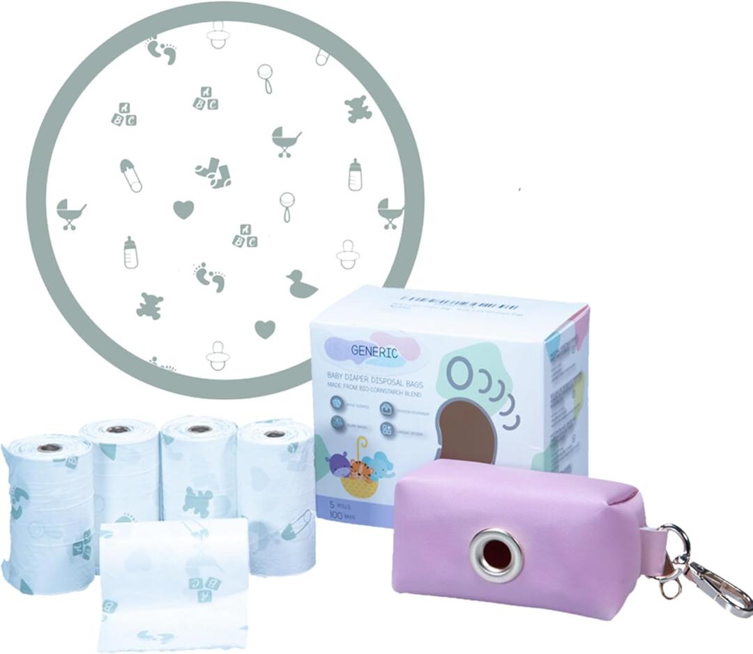 Pink Portable Diaper Bag Dispenser, 100 Rose Scented and Compostable Diaper Bags, Leak Proof Diaper Trash Bags, Baby Essentials Must Haves, Diaper Change On The Go.