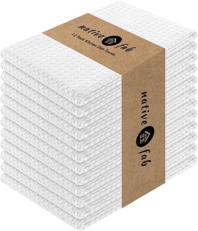 Native Fab Cotton Kitchen Towel with Hanging Loop 16x26 inches, 12-Pack, Waffle Weave Kitchen Towels for Cleaning Drying, Washcloths Soft & Absorbent Cloth Rags, Bar Towel, Dish Cloth, White