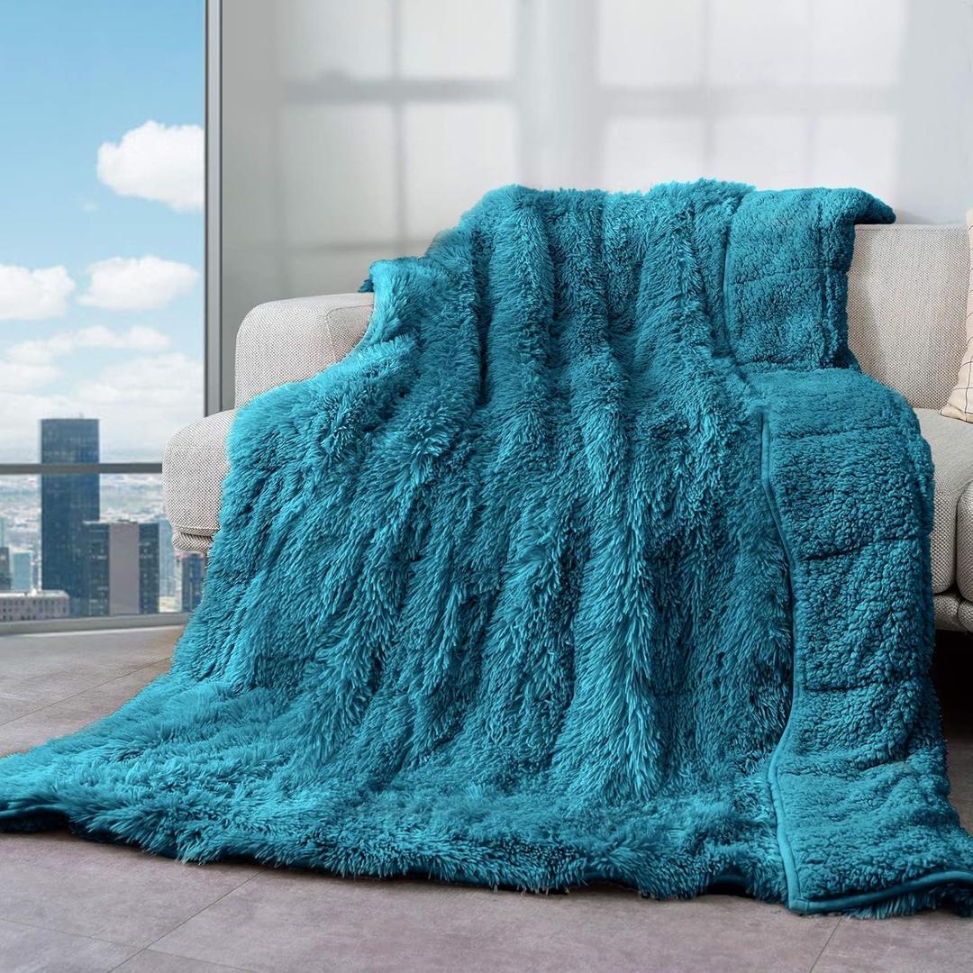 Cottonblue Weighted Blanket 15lbs, Sherpa Faux Fur Reversible Luxury Snugly Long Fur Warm Heavy Blanket 60x80 inches, Warm Plush Sherpa Weighted Blanket Queen Size for Couch Sofa Bed, Teal Green (60*80 15LBS)