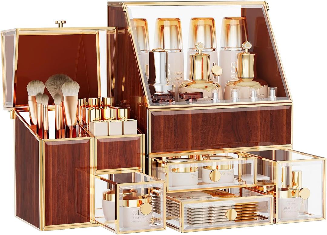 Glass Makeup Storage for Vanity and Bathroom Countertop  Large Cosmetic Display Case and Skincare Storage Solution (golden yellow)