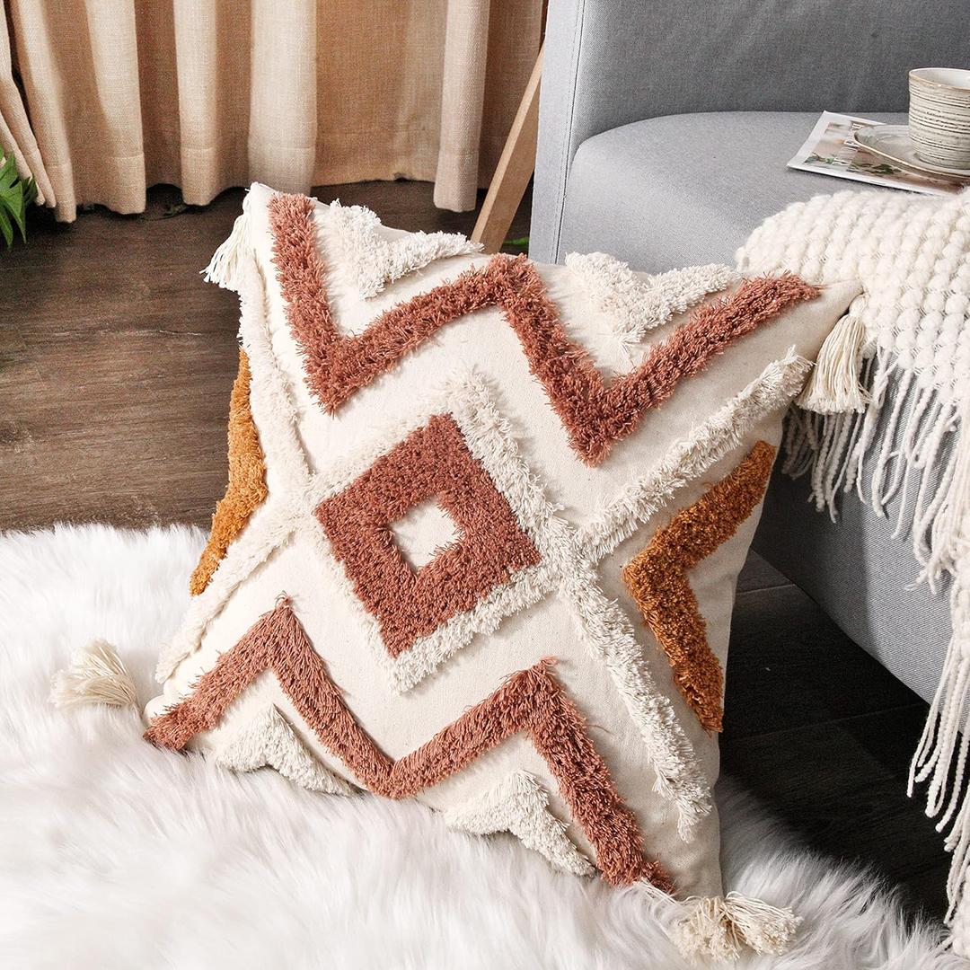 JASEN Boho Throw Pillow Cover with Tassels, Woven Tufted Decorative Pillow Cover, Orange Pillow Covers 18x18 for Couch Sofa Bedroom Living RoomNo Pillow Insert, 1Pcs