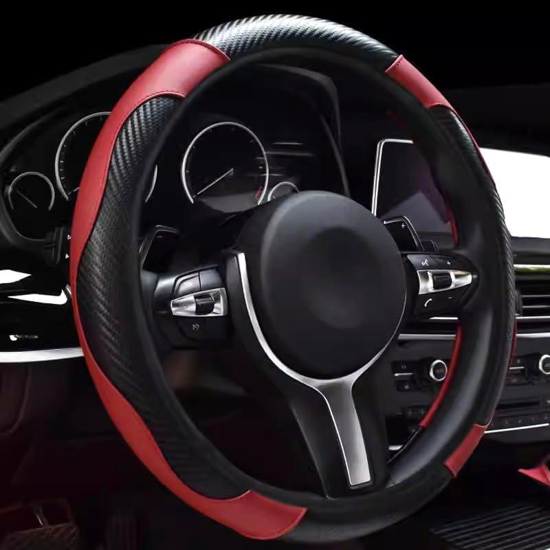 Ultra Fine Carbon Fiber Leather Steering Wheel Cover, Anti Slip and Sun Protective Protect The Steering Wheel, Easy to Install, Universal of 14.5"-15" (Wine Red)