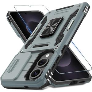 DEERLAMN Case for Samsung Galaxy S25 Edge with Slide Camera Cover+Screen Protector (1 Pack), Rotated Ring Kickstand Military Grade Shockproof Protective Cover-Grey (S25 Edge-6.7 Inch)