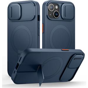 SURITCH for iPhone 15 Case with Magnetic Camera Slide Cover and Adjustable Kickstand, Compatible with MagSafe, Shockproof Bumper Case Slim Protective Cover 6.1 Inch, Blue