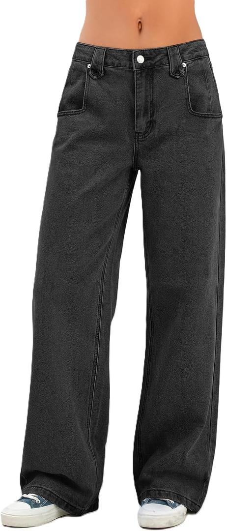 EMMIOL Baggy Jeans Women Straight Leg Mid Rise Boyfriend Wide Leg High Waisted Cute Trendy Y2K Loose Fit Pants Stretchy (Black, XS)