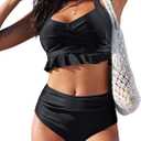 ZAFUL Womens Two Piece Vintage Swimsuit Push Up High Waisted Bikini Sets Tummy Control Bathing Suit Halter Retro Swimwear (Medium, Black)