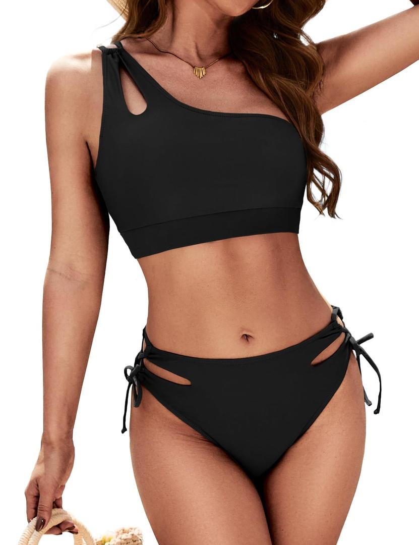 Zilcremo Women Cutout One Shoulder Bikini Set Mid Rise Bikini Swimsuit Two Piece Bathing Suit, Med