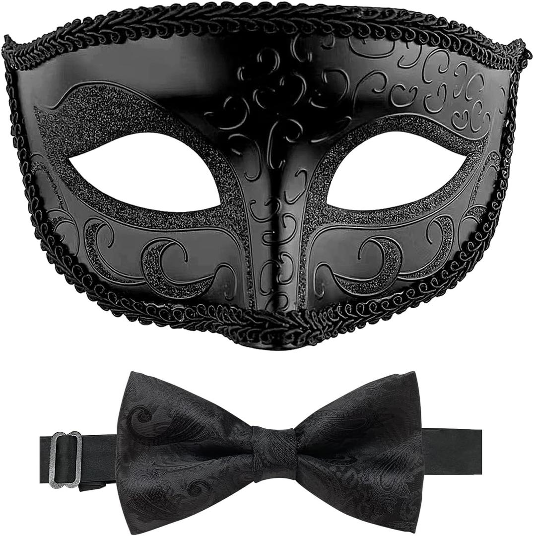 HyperFun Masquerade Mask for Men with Bow Tie Venetian Mens Masquerade Mask for Halloween Mardi Gras Prom Ball Party