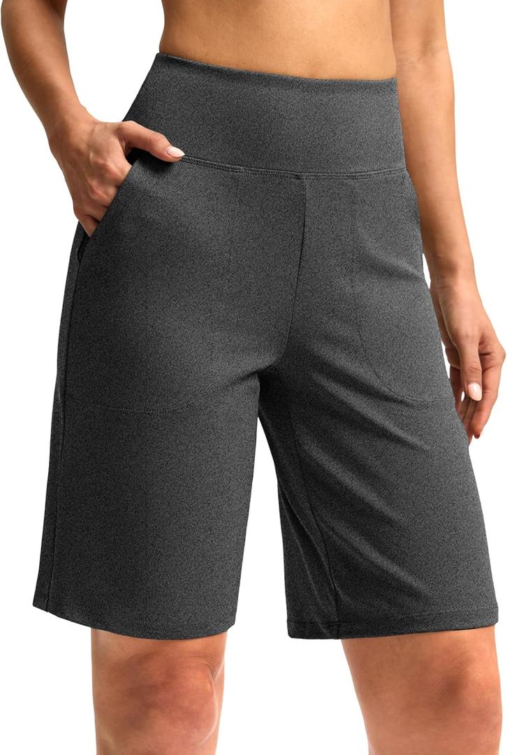 Women's 10" Bermuda Shorts Knee Length with Pockets High Waisted Athletic Long Shorts for Casual Walking Running Yoga (Heather Charcoal Grey) Small