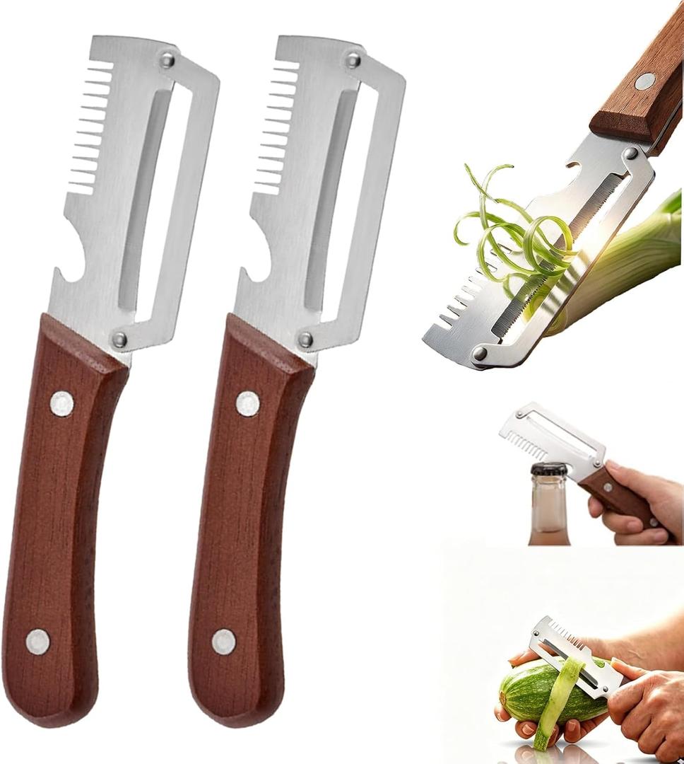 Multi-Functional Vegetable Peeler with Wooden Handle,3-in-1 Stainless Steel Stainless Steel Veggie Cutter with Bottle Opener,Kitchen Tool for Fruit Veggie Pumpkin That Need to Be Peeled(2PCS)