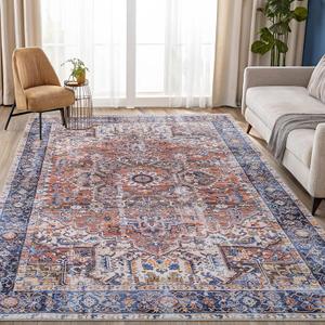 Smiry Area Rugs for Living Room Bedroom, Machine Washable 5x7 Vintage Rug, Soft Plush Bedside Floor Carpet for Farmhouse Nursery Kitchen Laundry Home Decor, Rust/Multi