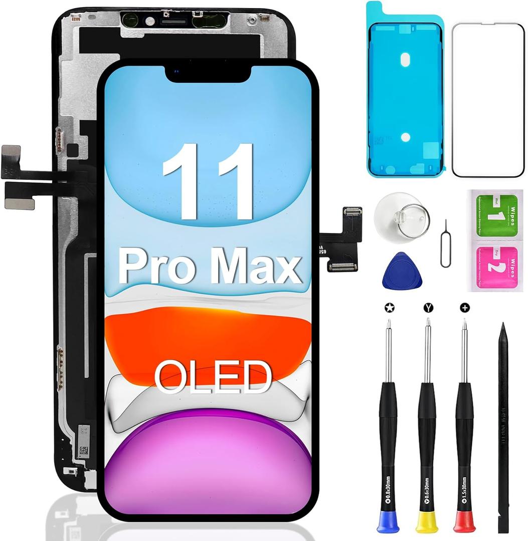 OLED for iPhone 11 Pro Max Screen Replacement, 6.5 Inch [NOT LCD] Display 3D Touch Frame Assembly Digitizer with Repair Kit Screen Protector for Model A2218, A2220, A2161
