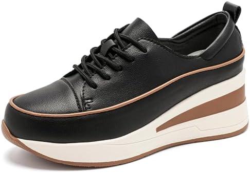 QIJOZXN Women's Leather Lace-Up Platform Wedge Sneakers Breathable Lightweight Comfortable Low Top Walking Shoes with Arch Support Non-Slip Fashion Casual Sneakers, 40